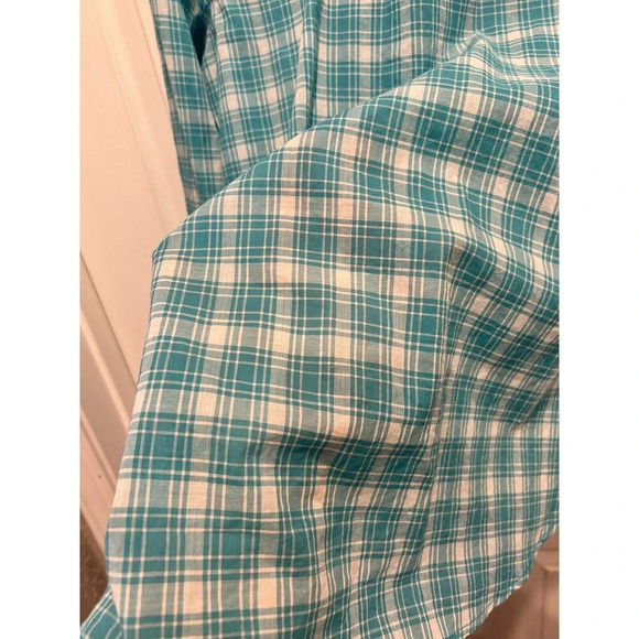 Old Navy‎ Teal White Plaid Ruffle Button Up Round Neck Long Sleeve Blouse Medium - Picture 7 of 8